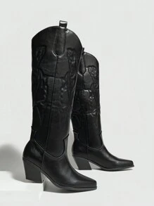 Ideal para ropa de otoño, botas altas hasta la rodilla con puntera puntiaguda y bordado estilo occidental para mujer, de PU, tacón grueso y medio, cálidas en invierno, color negro