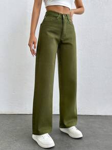 SHEIN PETITE Women'S Solid Color Wide Leg Jeans - Army Green - View 3
