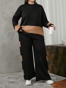EURMUSE Conjunto de dos piezas de suéter de punto a color para mujer talla grande, para el invierno - Negro - Ver 3