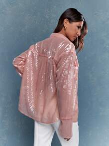 MISSGUIDED Áo sơ mi voan trong suốt đính sequin phong cách tương lai Y2K có chi tiết túi - Hồng - Xem 2