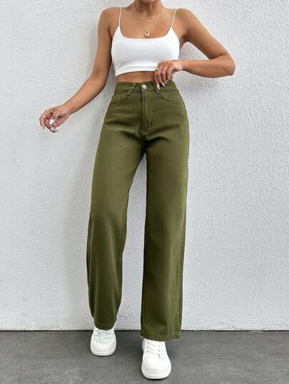 SHEIN PETITE Women'S Solid Color Wide Leg Jeans