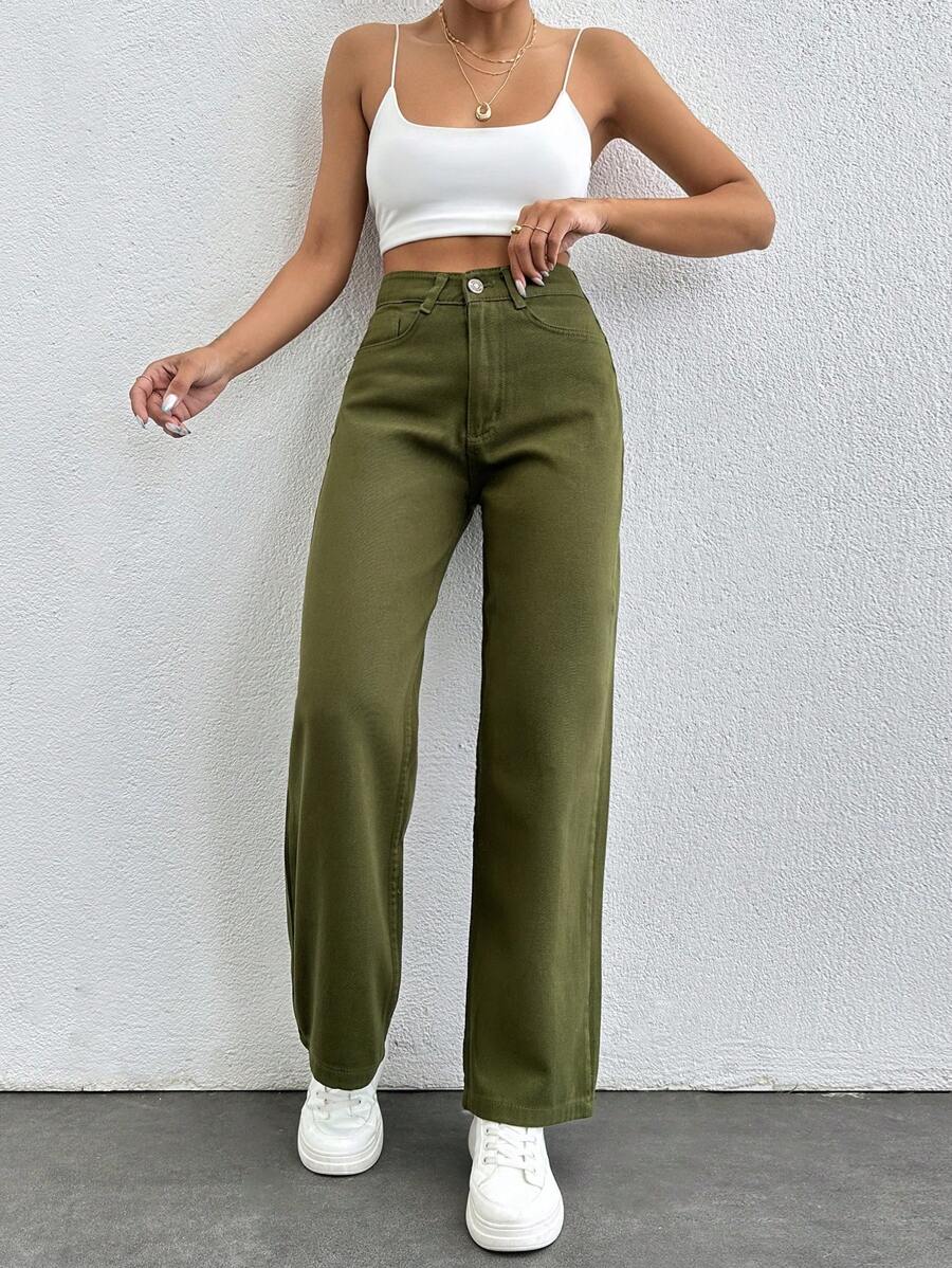SHEIN PETITE Women'S Solid Color Wide Leg Jeans - Army Green - View 1