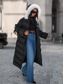 SHEIN Cottnline Special Design Long Puffer Coat With Fur Hoodie - Black - View 5