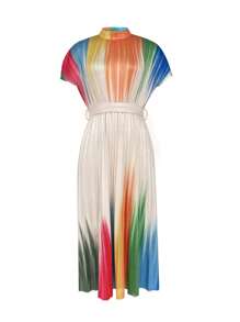 Robe mi-longue décontractée pour femme, col montant avec dégradé de couleurs, taille cintrée. Robe confortable plissée, idéale pour les vacances, les soirées sur la plage, les mariages en tant que demoiselle d'honneur - Multicolore - Voir 8