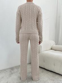 EURMUSE Cable Knit Drop Shoulder Sweater & Knit Pants - Apricot - View 2