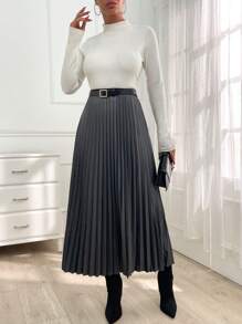 EURMUSE Women's Fashionable Gradient Pleated Skirt For Casual & Commuting Wear - Dark Grey - View 4