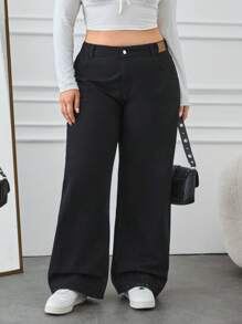 EURMUSE 高腰寬腿黑色加大號牛仔褲，長版下擺