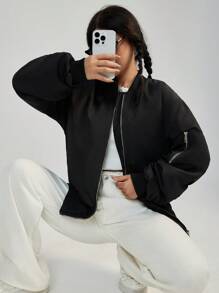 EURMUSE Zip Up Slant Pocket Puffer Coat - Black - View 3