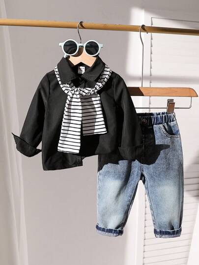 SHEIN Playful Pals Baby Boys' Simple Daily Long Sleeve Jeans Outfit