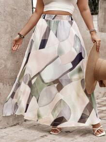 SHEIN Clasi 大尺碼女士度假彈性腰幾何印花寬鬆裙 - 粉色 - 查看 1