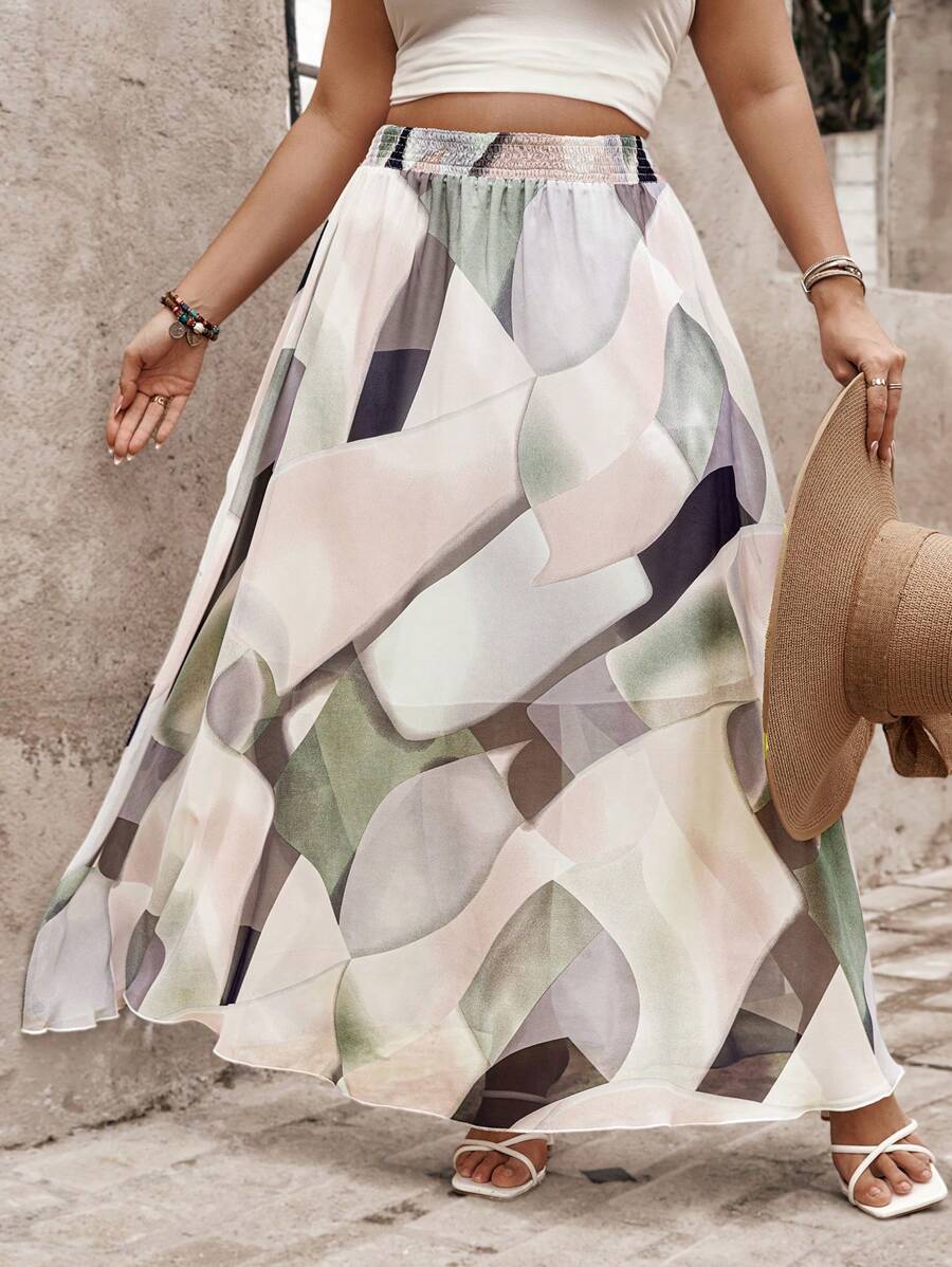 SHEIN Clasi 大尺碼女士度假彈性腰幾何印花寬鬆裙 - 粉色 - 查看 1