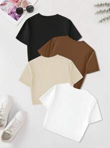 INAWLY 4pcs Solid Round Neck Tee - Multicolor - View 2