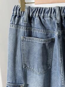 Y2K Wide Leg High Waisted Medium Washed Blue Jeans For Teenage Girls, With Multiple Pockets Design - Medium Wash - View 5