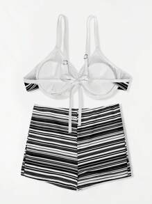 女士條紋方腿短褲沙灘休閒雙件式比基尼套裝，夏季 - 黑與白 - 查看 2