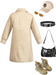 SHEIN Girls Back To School Casual Denim Effect & Solid Color Button Decor Contrast Stitching Shirt Dress, Street Fashion