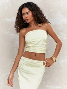 MISSGUIDED 褶皺抱胸頂部和裙子的相搭套裝 - 黃色 - 查看 3