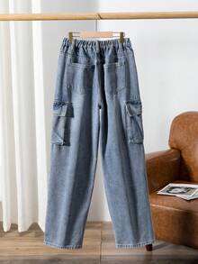Y2K Wide Leg High Waisted Medium Washed Blue Jeans For Teenage Girls, With Multiple Pockets Design - Medium Wash - View 2