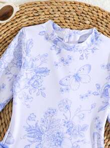 女婴连体动物植物印花泳衣，长袖，后背拉链，适合夏季海滩游泳，女婴沙滩装