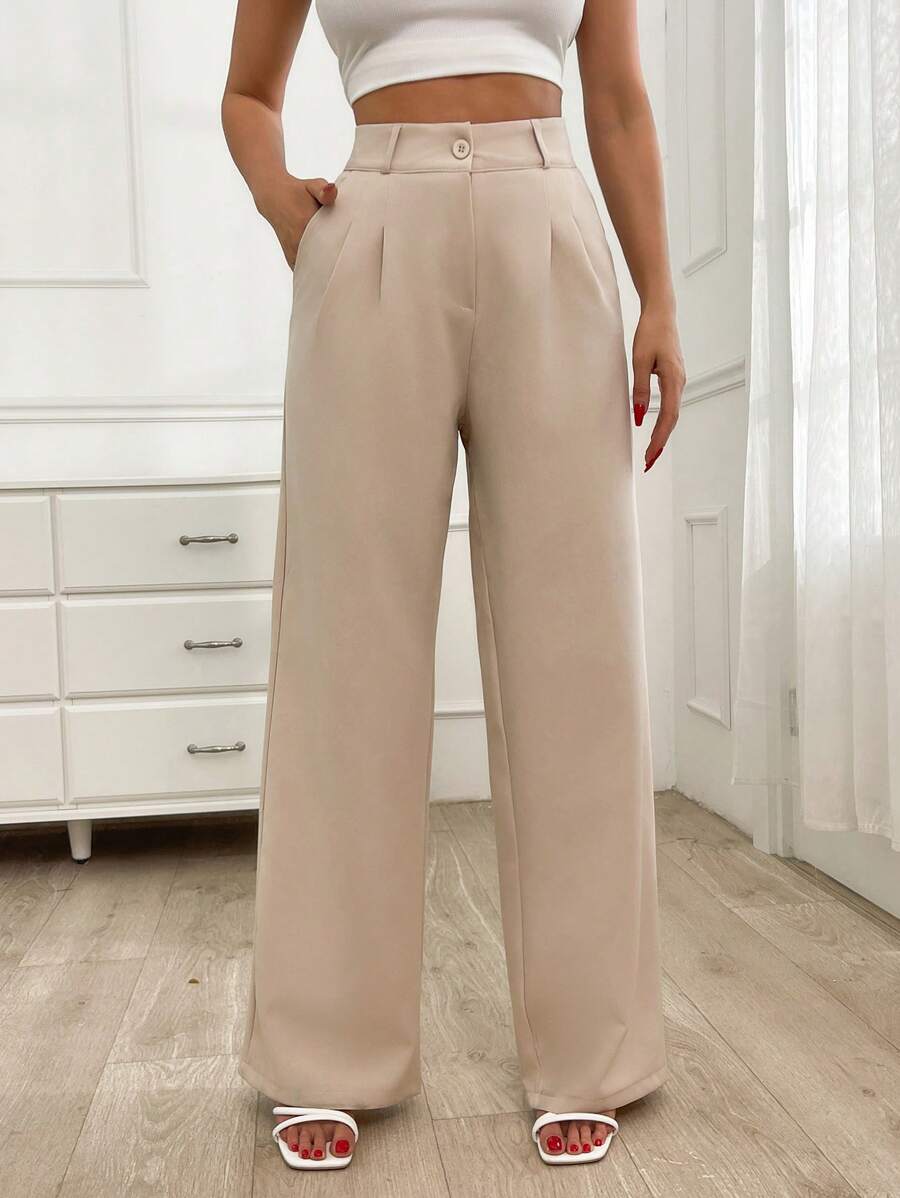 SHEIN Cottnline Simple And Casual Pleated Wide-Leg Suit Pants, Comfortable And Versatile - Beige - View 1