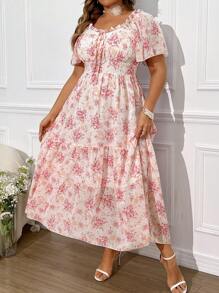 Franclia Plus Size Floral Printed Sweetheart Neckline Dress With Pleats, Ruffles Hemline And Short Sleeves, Summer