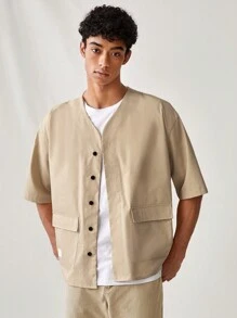 Mainfolk Men's Weave Fashion Brushed Solid Color Loose Fit Drop Shoulder Half Sleeve Daily Casual Shirt - Khaki - View 1