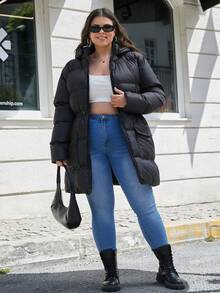 EURMUSE Plus Zipper Hooded Puffer Adjustable Waist Coat - Black - View 6