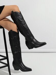 Ideal para ropa de otoño, botas altas hasta la rodilla con puntera puntiaguda y bordado estilo occidental para mujer, de PU, tacón grueso y medio, cálidas en invierno, color negro