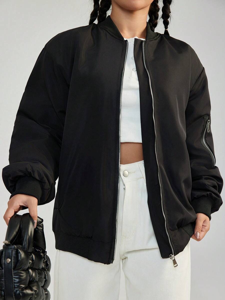 EURMUSE Zip Up Slant Pocket Puffer Coat - Black - View 1