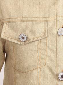 SHEIN Girls Back To School Casual Denim Effect & Solid Color Button Decor Contrast Stitching Shirt Dress, Street Fashion