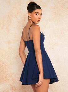 SHEIN BAE Blue-Green Mesh Edge Ruffle Decor Lace Fishbone Bra Cup Sweet Everyday Dating Women's Fluffy Dress - Navy Blue - View 3