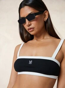 MISSGUIDED 繡花標誌肋紋對比邊綁帶背心文胸上衣 - 黑色 - 查看 3