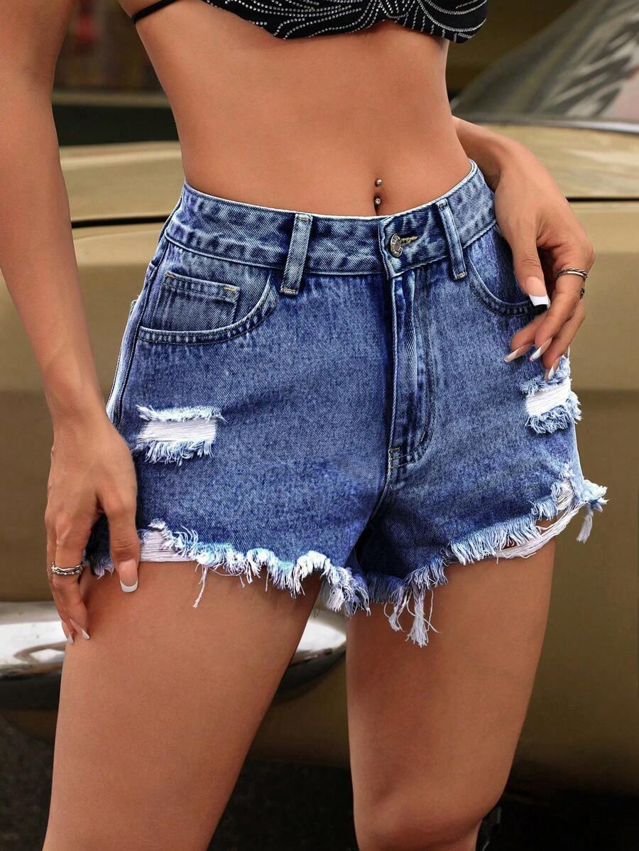 SHEIN ICON 女款純色休閒水洗牛仔短褲 - 深色水洗藍 - 查看 1