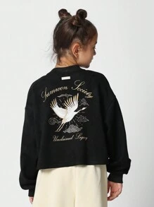 SUMWON "Summer Boxy Sweatshirt Legacy Embroidered Crane Graphic Crop Length Casual Active Wear Pullover" - Black - View 1