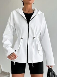 Women's Solid Color Simple Daily Hooded White Rain Jacket