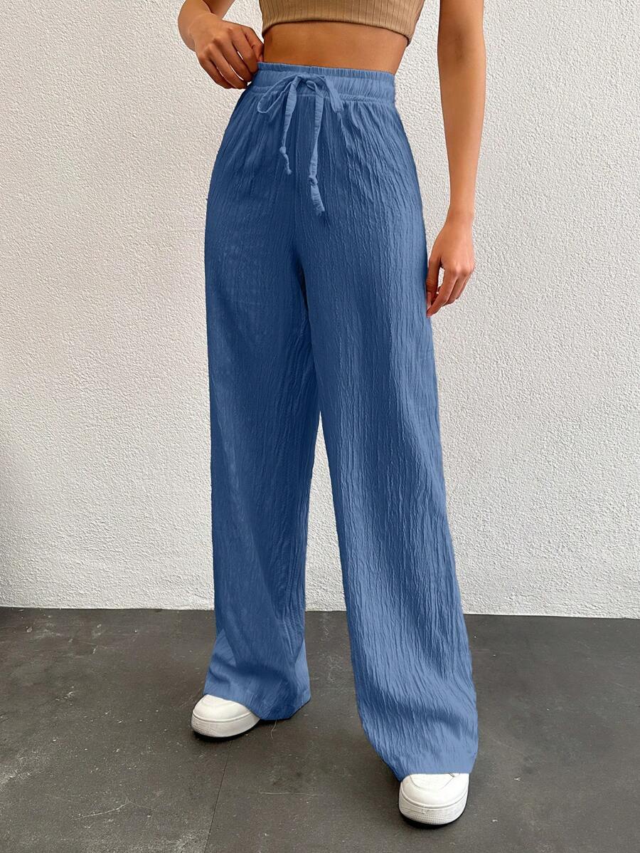 SHEIN Tall Tall Women's Solid Color Long Waist Drawstring Pants - Blue - View 1