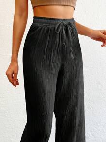 SHEIN Tall Tall Women's Solid Color Long Waist Drawstring Pants - Black - View 5