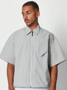 SUMWON 短款拉链防撕裂纹理衬衫 - 灰色 - 查看 3
