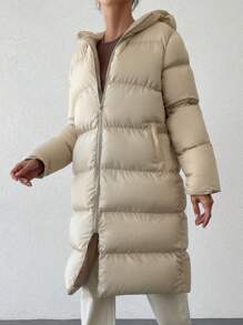 RueChic Zip Up Hooded Puffer Coat - Beige - View 3