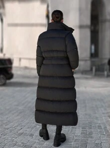 EURMUSE Zip Up Drawstring Waist Long Puffer Coat - Black - View 2