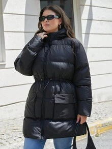 EURMUSE Plus Zipper Hooded Puffer Adjustable Waist Coat - Black - View 4