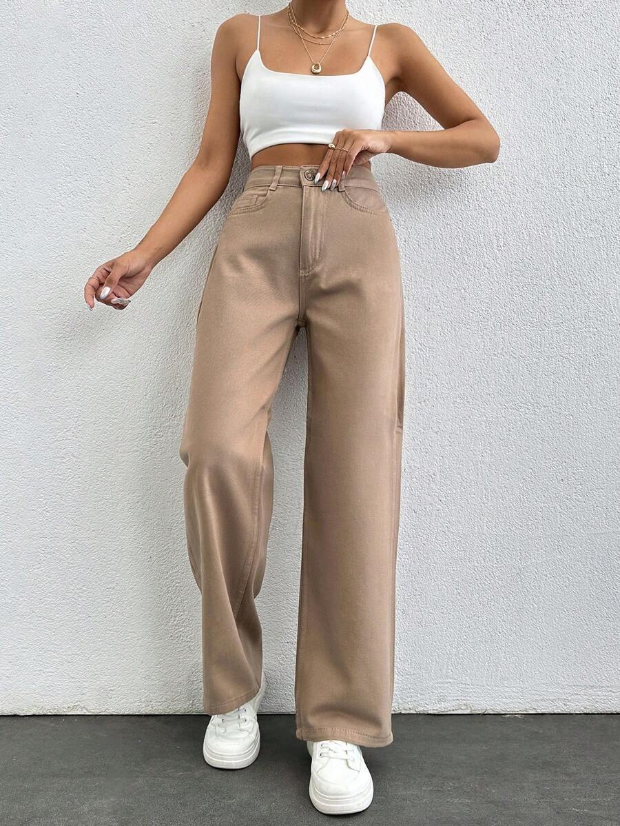 SHEIN PETITE Solid Color Zipper Fly Denim Jeans ,Petite Women - Khaki - View 1