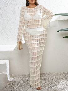 EURMUSE Plus Size Long Sleeve Crochet Maxi Cover Up Dress, For Summer Beach Vacation - Apricot - View 1