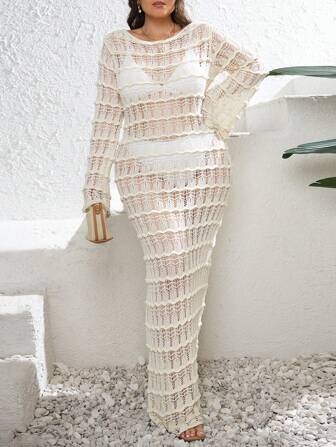 Robe cache-maillot en crochet à manches longues et maxi grande taille, pour les vacances d'été à la plage
