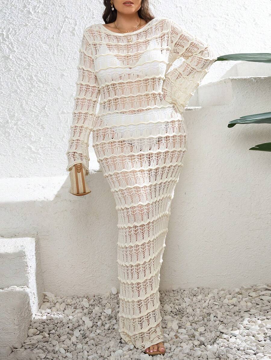 EURMUSE Plus Size Long Sleeve Crochet Maxi Cover Up Dress, For Summer Beach Vacation - Apricot - View 1