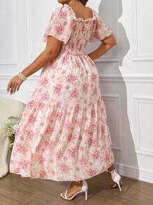 Franclia Plus Size Floral Printed Sweetheart Neckline Dress With Pleats, Ruffles Hemline And Short Sleeves, Summer