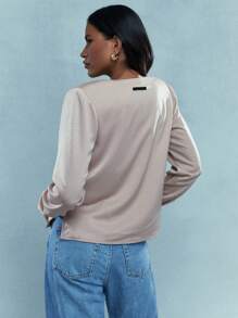 MISSGUIDED Deep V Neck Long Sleeve Blouse With Scarf - Camel - View 4