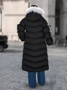 SHEIN Cottnline Special Design Long Puffer Coat With Fur Hoodie - Black - View 2