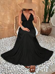 EURMUSE Dark Green  Long Dress - Black - View 6