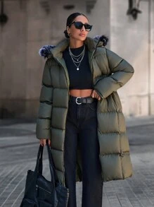 RueChic معطف شتوي طويل مبطن بوبر وهودي من الفرو الصناعي للنساء - كاكي - مشاهدة 6