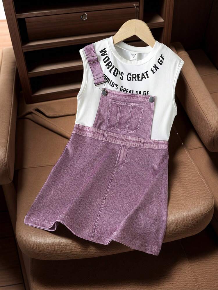 Young Girl's Cool Fashion Asymmetrical Denim-Effect Printed 2 In 1 Dress